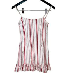 Market S Linen Blend Mini Dress Cream Red Stripe Ruffle Hem Sundress Y2K Coastal